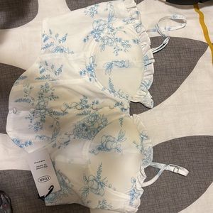 Floral ruffle corset tank top white with light blue detailing